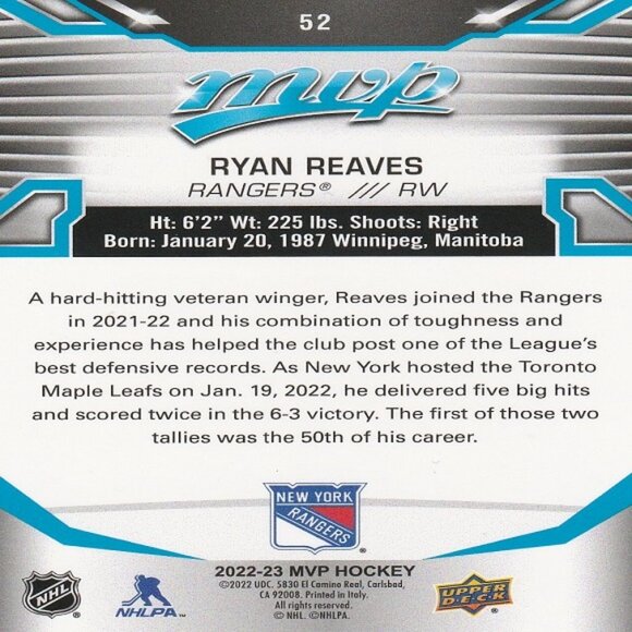 Ryan Reaves - 2022/2023 MVP Hockey Card - Picture 2 of 2